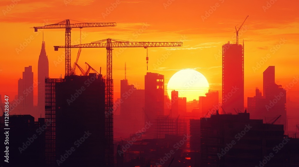 Fototapeta premium A breathtaking sunset with construction cranes in silhouette, casting long shadows over a developing urban skyline
