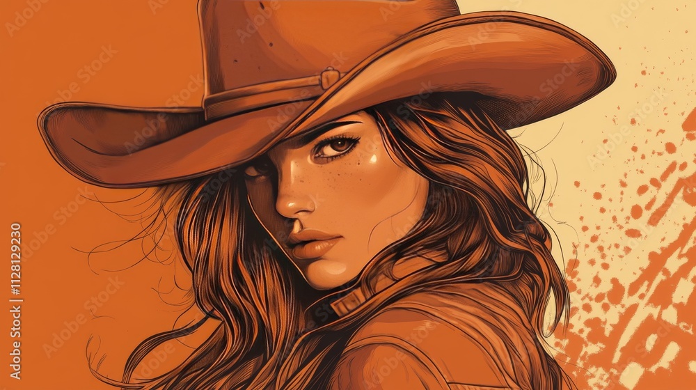 Cowgirl portrait illustration with a retro cowboy hat, emphasizing western character. Cowgirl portrait illustration with a retro cowboy hat, emphasizing western character.
