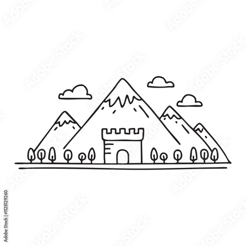 Fortress silhouette with mountain backdrop