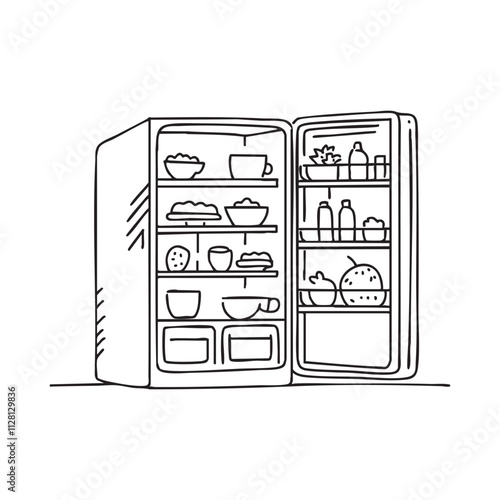 Cluttered leftovers in open fridge
