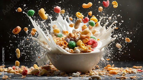 Colorful Cereal Splashing into Milk: A Vibrant Food Photography Shot AI Generated photo