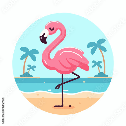 Pink flamingo standing in water illustration vector with tropical nature background