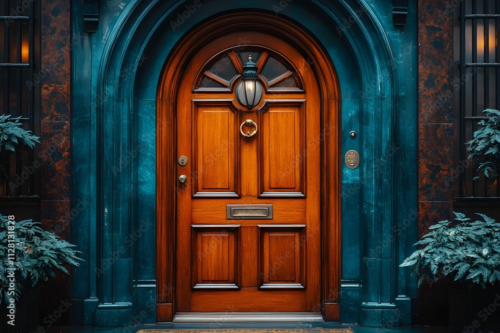 A beautifully detailed wooden door framed by elegant architecture and lush greenery, creating an inviting entrance. A beautifully detailed wooden door framed by elegant architecture and lush greenery, creating an inviting entrance.