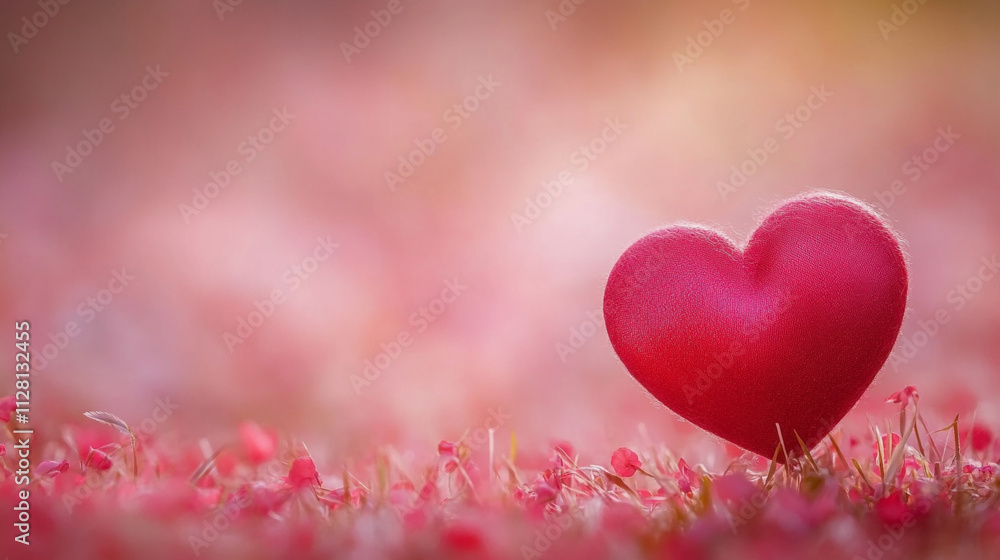 Unique red heart decoration among vibrant pink flowers for Valentine's Day Unique red heart decoration among vibrant pink flowers for Valentine's Day