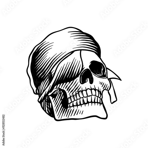 black and white illustration of a pirate skull head