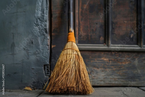 Wallpaper Mural A handcrafted broom rests against a rustic wooden door in a cozy room Torontodigital.ca