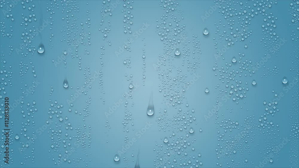 Transparent Water Drops Movement on Blue and Transparent Background - Water drops randomly sliding on wall or window glass