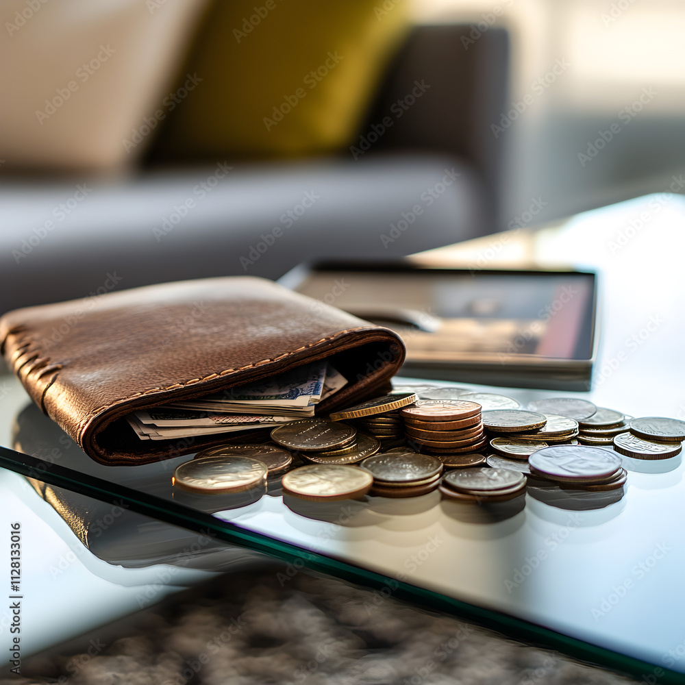 Coins and notes spill from wallet living room photo stock indoor close-up financial chaos Coins and notes spill from wallet living room photo stock indoor close-up financial chaos
