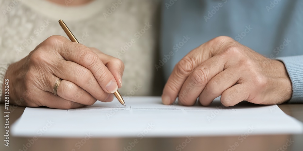 A couple's hands delicately signing an important document, showcasing their unity and commitment, while symbolizing partnership and shared responsibility in life. A couple's hands delicately signing an important document, showcasing their unity and commitment, while symbolizing partnership and shared responsibility in life.