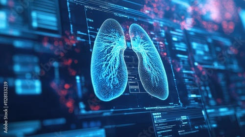 A detailed shot of a digital lung health diagnosis with vital biometrics displayed on a screen, showcasing advanced medical technology for respiratory care