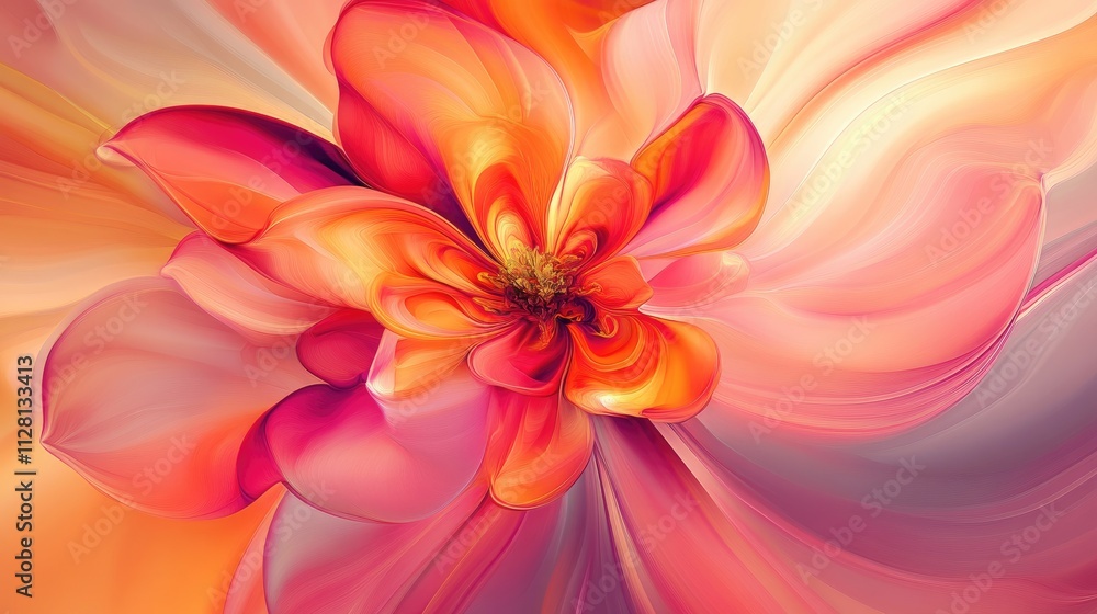 Fototapeta premium A digital artwork featuring a pink and orange flower in an abstract style, with bold and smooth color transitions creating an artistic, dream-like design