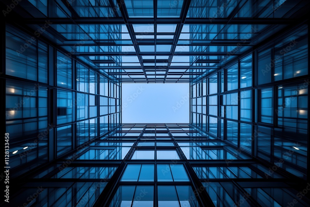 Looking up at a modern glass building from below. Looking up at a modern glass building from below.