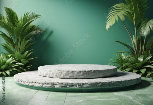 Stone platform in tropical green product presentation. Stone podium mockup. Tropical mockup. photo