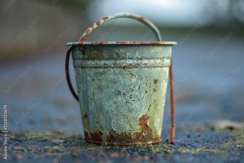 Rusty metal bucket resting on a weathered surface in a desolate outdoor setting during early evening Rusty metal bucket resting on a weathered surface in a desolate outdoor setting during early evening