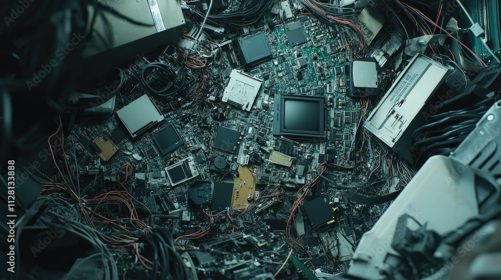 A disorganized pile of electronic waste with circuit boards, tangled cables, and old components, illustrating the chaos of e-waste recycling A disorganized pile of electronic waste with circuit boards, tangled cables, and old components, illustrating the chaos of e-waste recycling