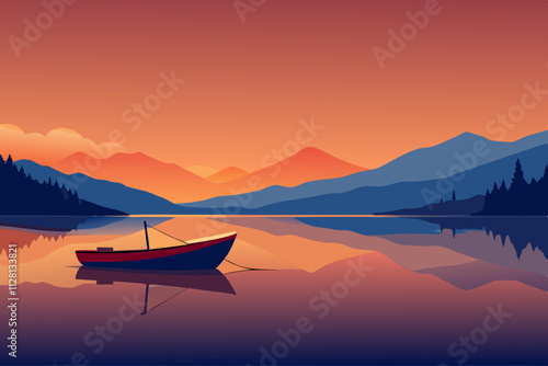 Fishing boat on a still lake at sunrise isolated vector illustration