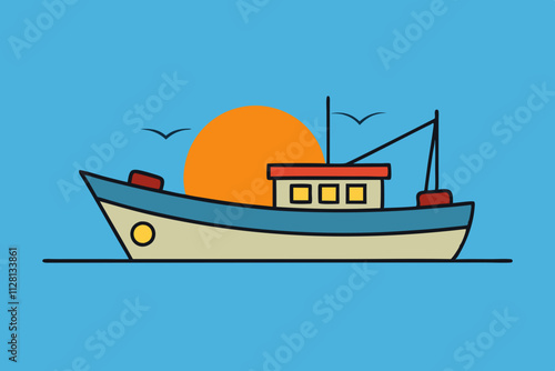 Fishing boat on a still lake at sunrise isolated vector illustration