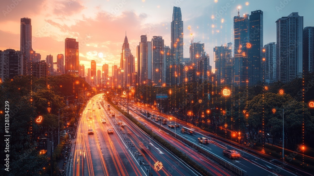 Fototapeta premium Sunset cityscape with highway traffic and digital network overlay.
