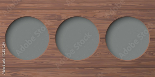Cut timber panels mocha mousse tone with three of circle holes have cement texture loft style behind graphic illustration.