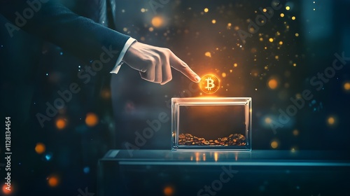 Digital art scene of a businessman in formal attire giving away glowing Bitcoin in a transparent donation box showing a subtle image of global unity and support. photo