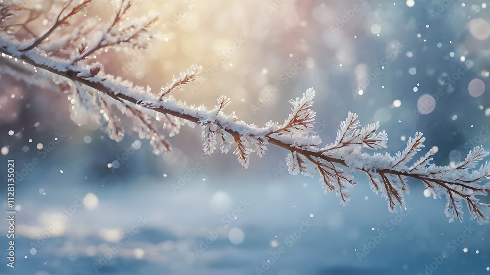 Serene Winter Landscape with Ice-Covered Branches and Warm Sunrise Bokeh Effect Serene Winter Landscape with Ice-Covered Branches and Warm Sunrise Bokeh Effect