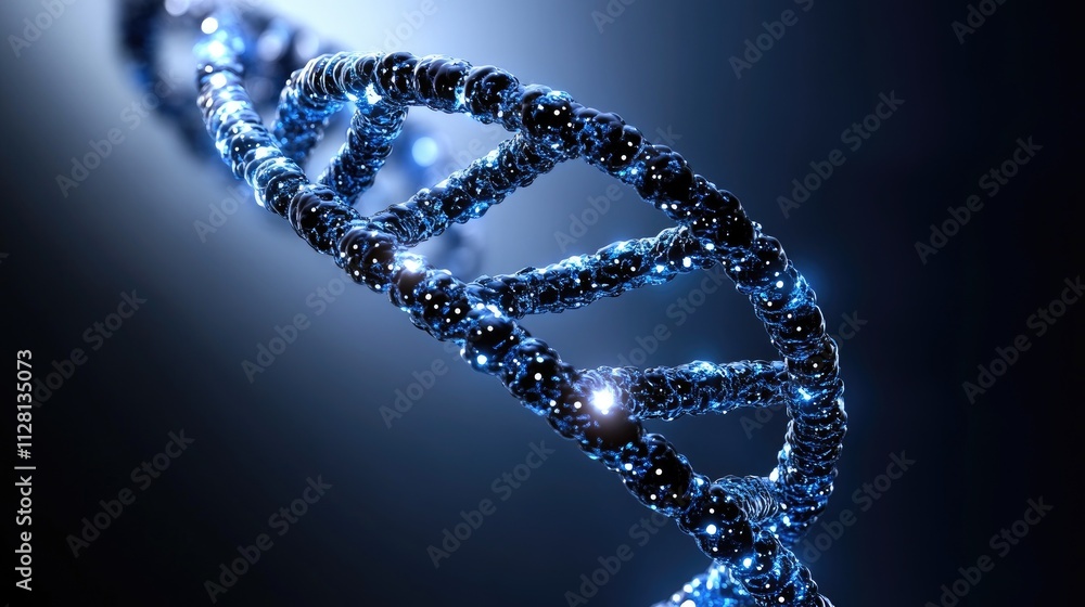 A glowing blue and black digital DNA helix floating against a dark background, with high-tech effects and intricate details, symbolizing biotechnology and innovation A glowing blue and black digital DNA helix floating against a dark background, with high-tech effects and intricate details, symbolizing biotechnology and innovation