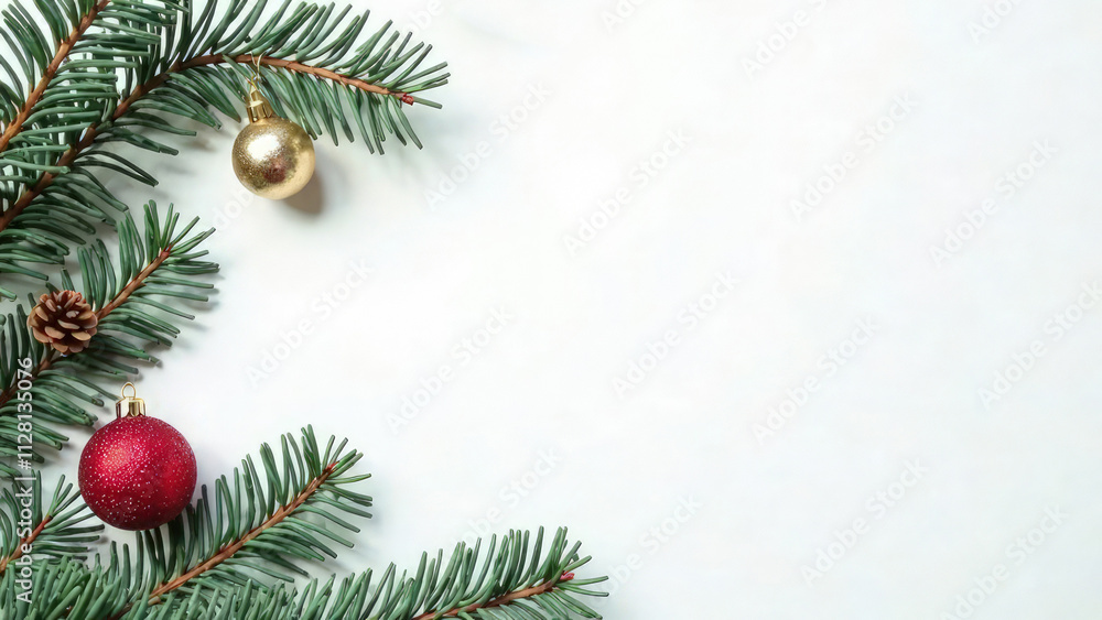White Christmas background with tree branches and red decorations with copy space on the right. Mockup design of New Year card. Top view of tree ornaments, baubles and balls. Ad place White Christmas background with tree branches and red decorations with copy space on the right. Mockup design of New Year card. Top view of tree ornaments, baubles and balls. Ad place