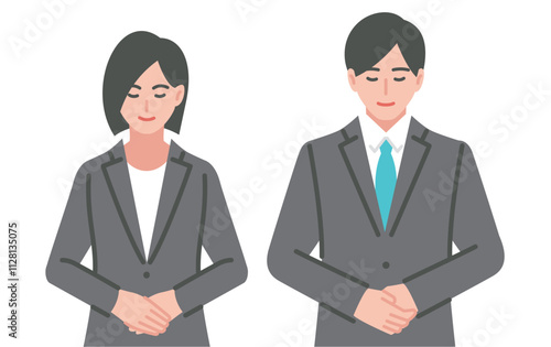 お辞儀をする会社員の男女セット
