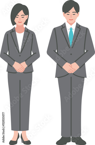 お辞儀をする会社員の男女の全身	