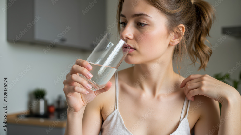 Young woman drinking fresh water in modern kitchen, holding glass with hand, staying hydrated, morning routine, healthy lifestyle, natural beauty, casual outfit, refreshing drink, home environment Young woman drinking fresh water in modern kitchen, holding glass with hand, staying hydrated, morning routine, healthy lifestyle, natural beauty, casual outfit, refreshing drink, home environment