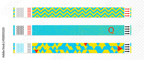 Festival event bracelet. Concert ticket mockup. Entrance sticker vector design for wristband. Access to disco or hotel with wrist tag isolated set. Admission ribbon in sport club or game area.