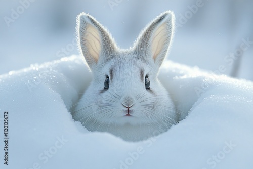 A serene image of a curious white rabbit peeking out from snow, perfect for winter-themed events, holiday cards, nature conservation campaigns, and cozy home decor. photo