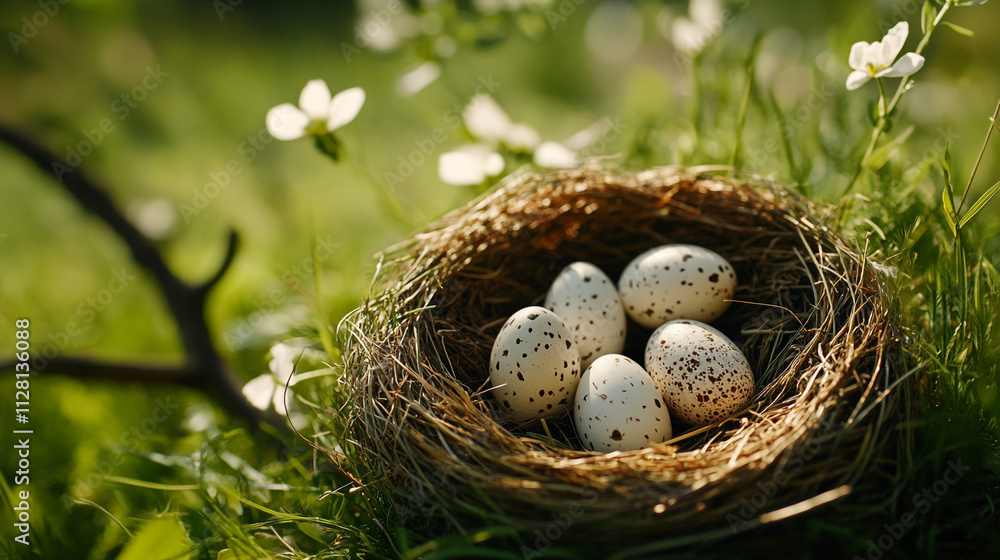 Nest with speckled eggs surrounded by flowers in a sunny meadow Nest with speckled eggs surrounded by flowers in a sunny meadow