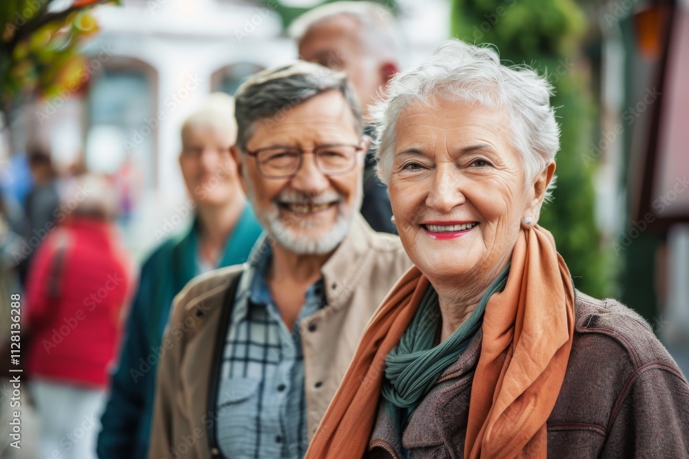 Portrait of smiling senior couple walking together in the city. Focus on woman Portrait of smiling senior couple walking together in the city. Focus on woman