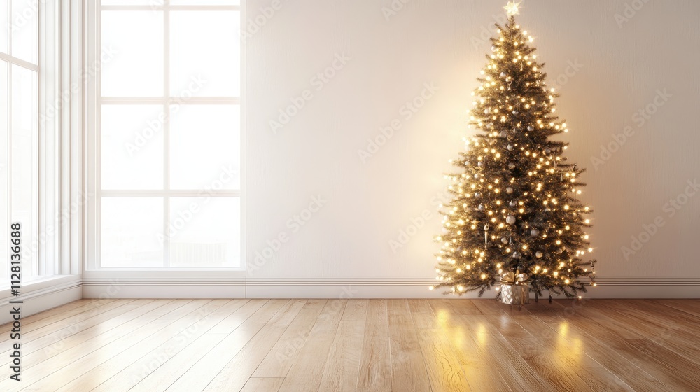 Christmas tree stands in a living room,Festive interior design,Wrapped gifts surround the base of the tree, creating a warm holiday atmosphere,Lobby interior,copy space. Christmas tree stands in a living room,Festive interior design,Wrapped gifts surround the base of the tree, creating a warm holiday atmosphere,Lobby interior,copy space.