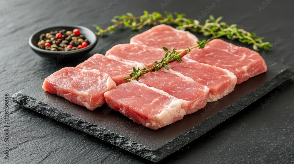 Slicing Fresh Pork Cuts Black Marble Surface Professional Food Photography Culinary Studio Close-up Meat Display Slicing Fresh Pork Cuts Black Marble Surface Professional Food Photography Culinary Studio Close-up Meat Display