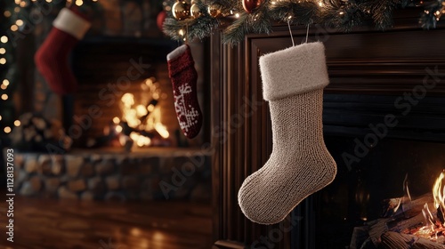 photorealistic minimalistic Christmas stocking hanging by a cozy fireplace, muted colors, soft wool texture photo