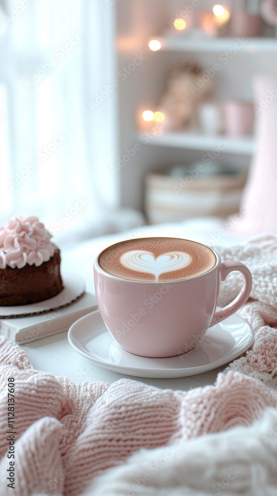 A delightful pink cup brimming with coffee displays intricate heart-shaped latte art. Next to it, a tempting slice of cake sits on a soft, knitted blanket, exuding warmth and charm A delightful pink cup brimming with coffee displays intricate heart-shaped latte art. Next to it, a tempting slice of cake sits on a soft, knitted blanket, exuding warmth and charm