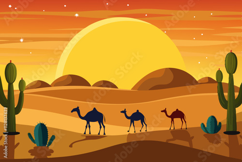 Desert scene with camels under a glowing sunset isolated vector illustration