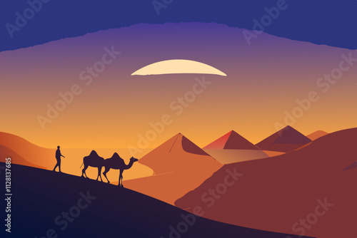 Desert scene with camels under a glowing sunset isolated vector illustration