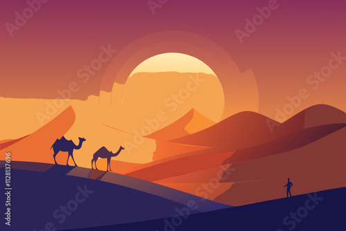 Desert scene with camels under a glowing sunset isolated vector illustration