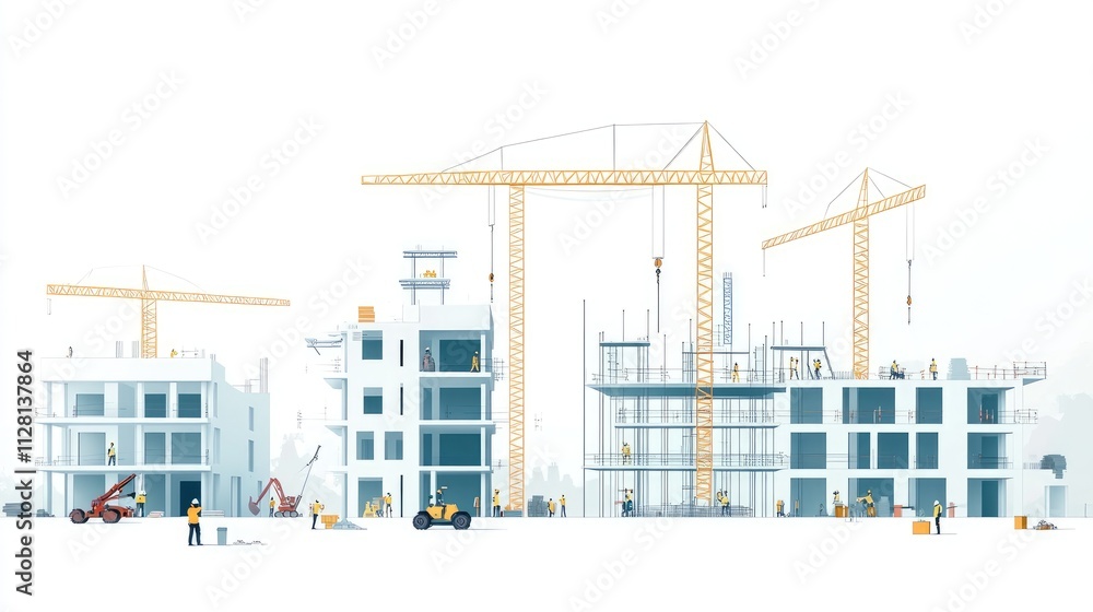 A modern building under construction with cranes, scaffolding, and construction workers, set against a clean white background for emphasis on development A modern building under construction with cranes, scaffolding, and construction workers, set against a clean white background for emphasis on development