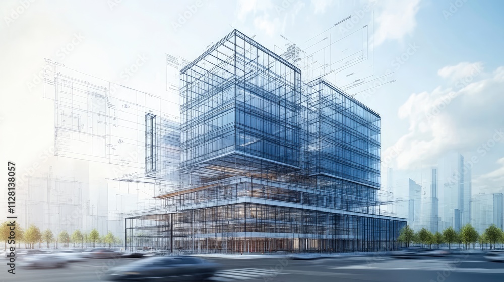 A modern office building in progress, with blueprints, diagrams, and architectural plans layered over the construction site, showcasing a downtown project