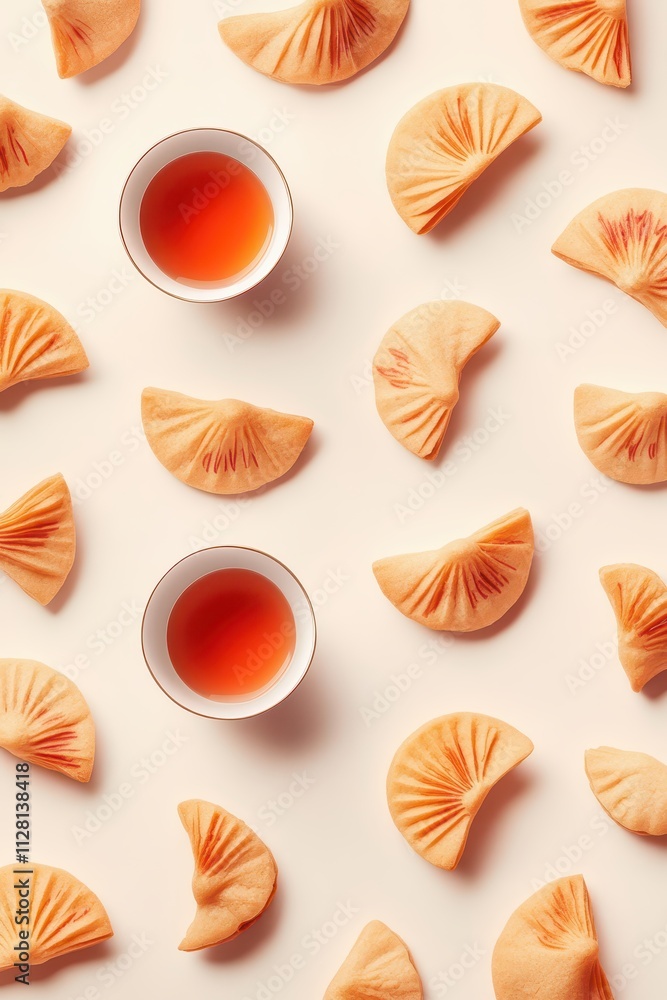 Circular patterns of fortune cookies and tea cups, whimsical New Year design Circular patterns of fortune cookies and tea cups, whimsical New Year design