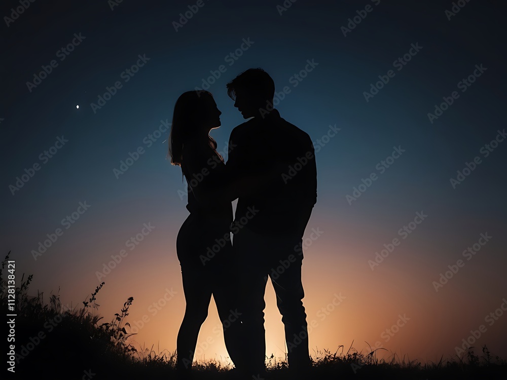 Silhouette of young couple together during night Silhouette of young couple together during night