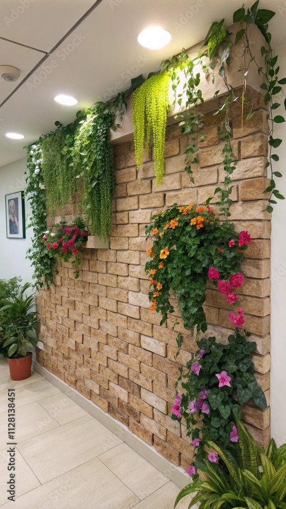 Obraz premium Rustic Brick Wall Decoration with Vibrant Flowers and Green Plants for Wallpaper and Interior Design