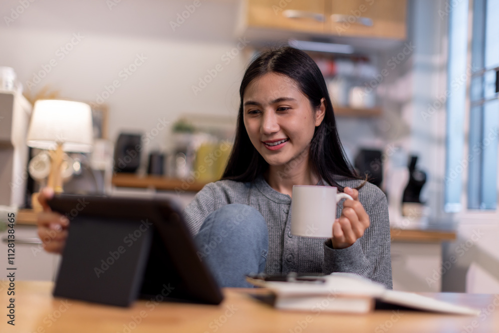 Female business freelancer asian person using digital tablet and laptop or remote working at home office, Female business freelancer asian person using digital tablet and laptop or remote working at home office,