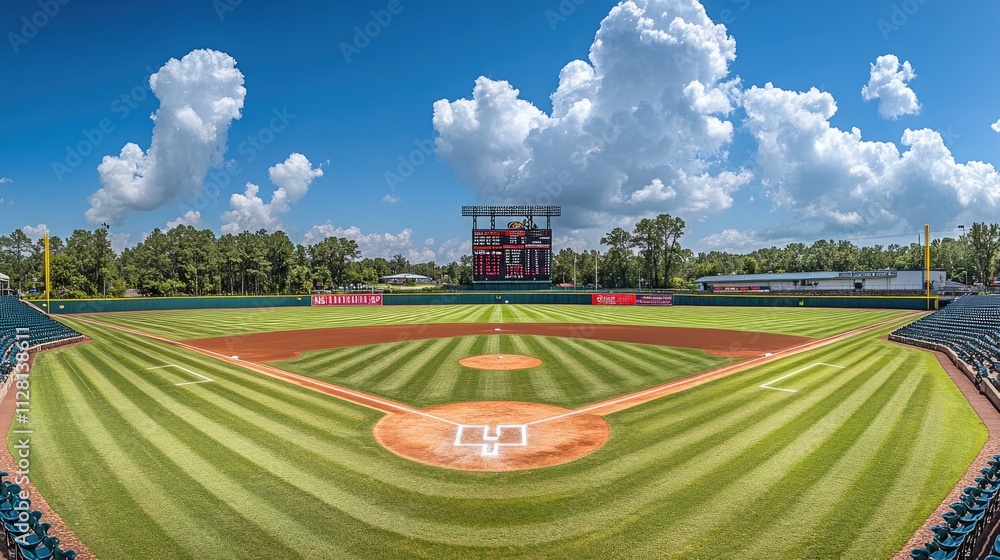 Fototapeta premium A panoramic shot of an empty baseball stadium, showcasing a well-maintained field and large scoreboard, evoking a sense of anticipation and calm