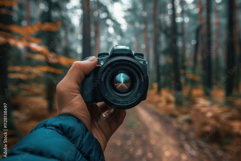 A person capturing a forest landscape with a DSLR camera on a foggy autumn day A person capturing a forest landscape with a DSLR camera on a foggy autumn day