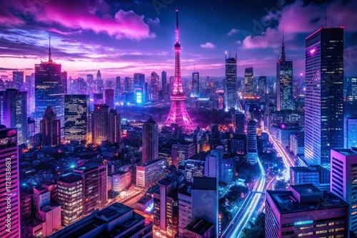 Wallpaper Mural neonsoaked tokyo nightscape mangainspired cityscape with towering skyscrapers vibrant purple and magenta hues bustling streets pulsing with electric energy Torontodigital.ca